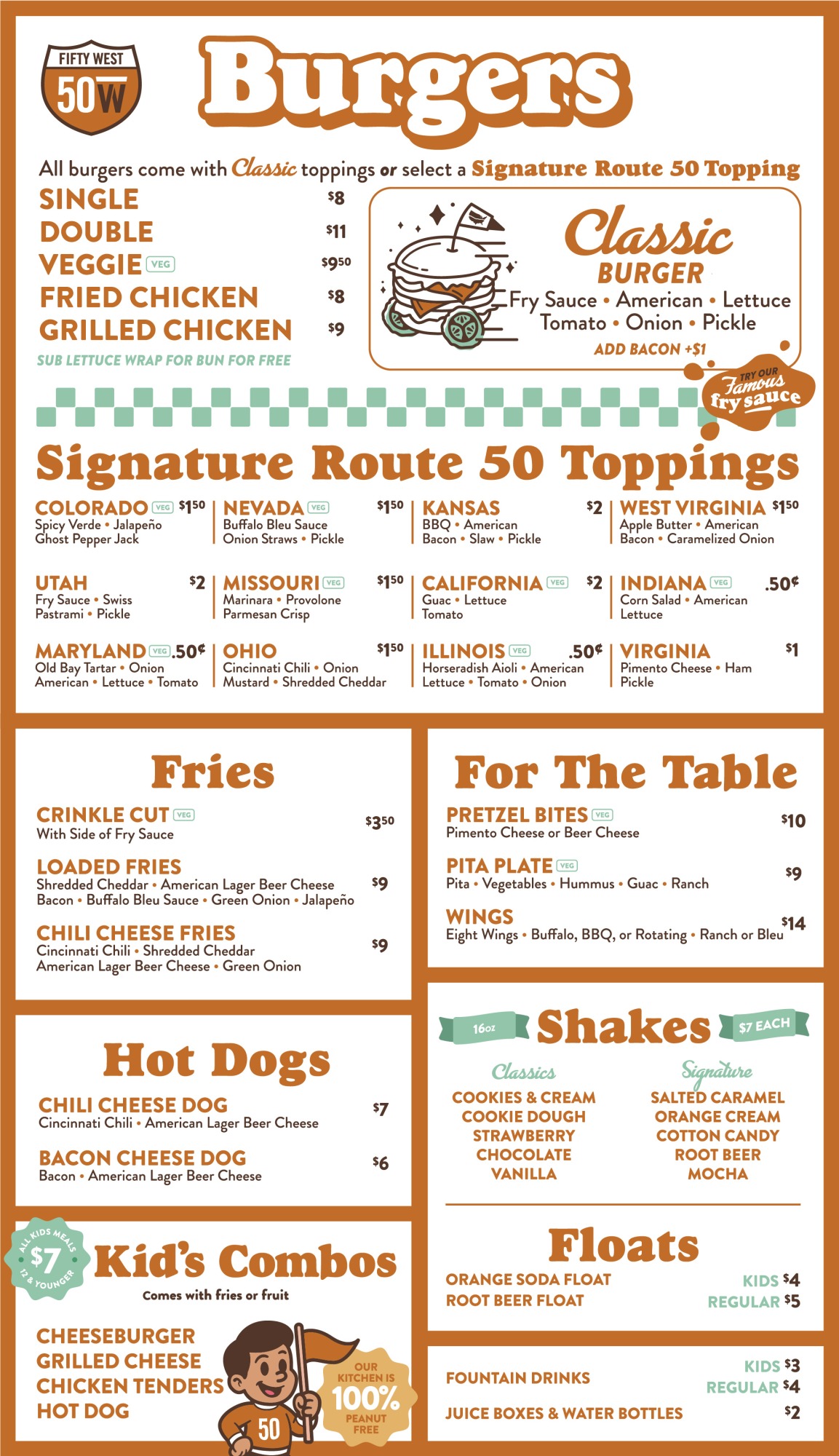 Fifty West Burger Bar Menu — burgers, fries, shakes, hot dogs, and kids meals with prices