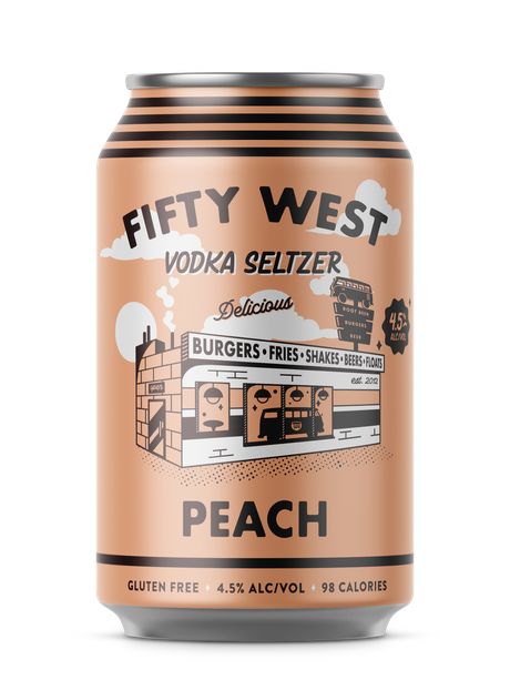 Fifty West Peach Vodka Seltzer can