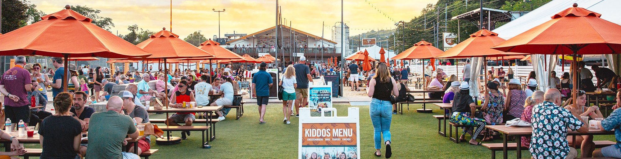 Fifty West beer garden at sunset