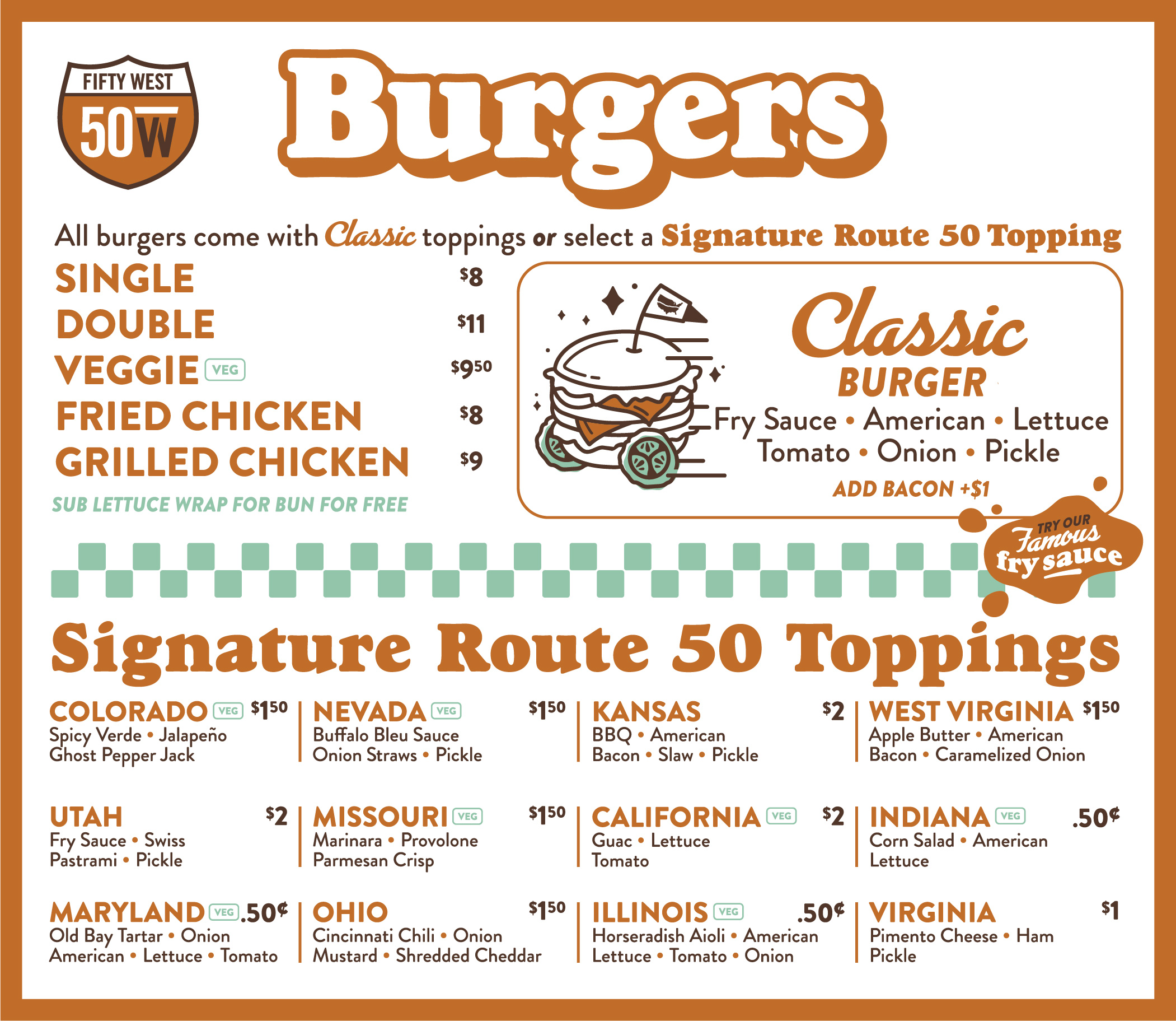 Fifty West Burgers menu, single, double, veggie, fried and grilled chicken with Signature Route 50 toppings and prices