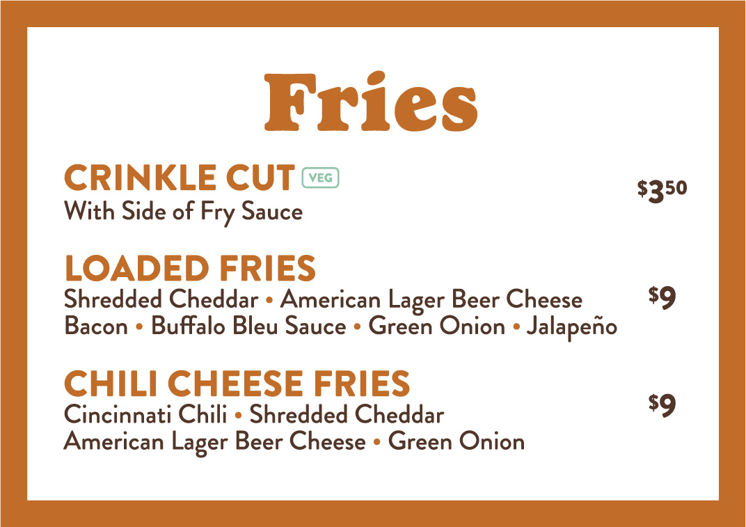 Fries menu, crinkle cut, loaded fries, and chili cheese fries with prices