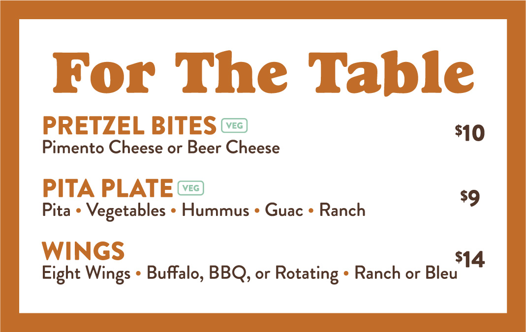 For the table menu, pretzel bites, pita plate, and wings with prices