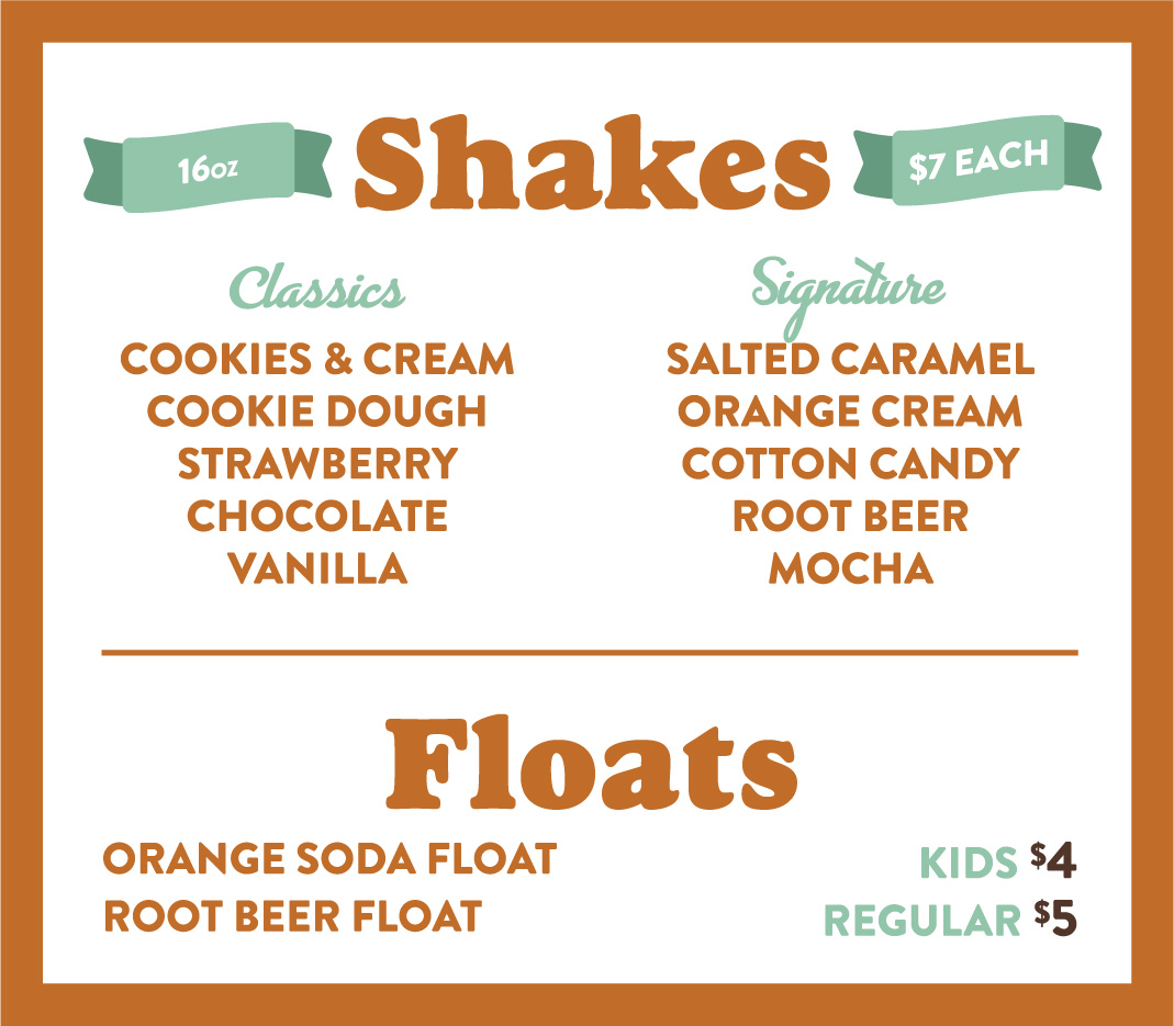 Shakes and floats menu, classic and signature shakes, orange soda and root beer floats