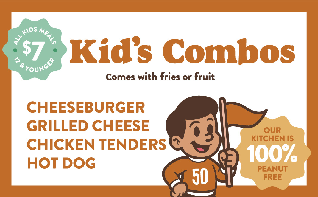 Kid's Combos menu, cheeseburger, grilled cheese, chicken tenders, hot dog