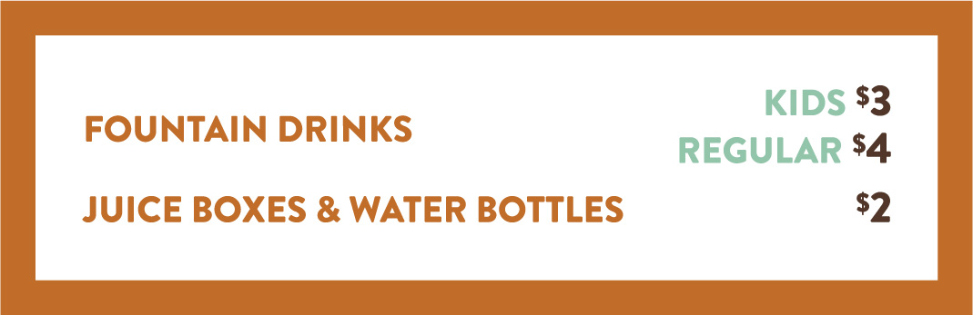 Drinks menu, fountain drinks, juice boxes, and water bottles with prices