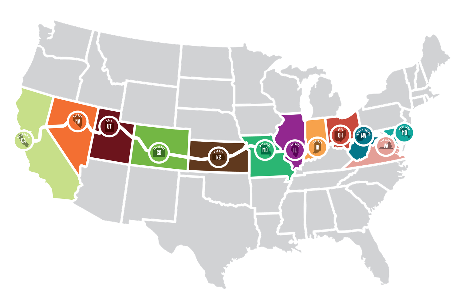 Map of the United States highlighting the 12 states U.S. Route 50 passes through, from Maryland to California