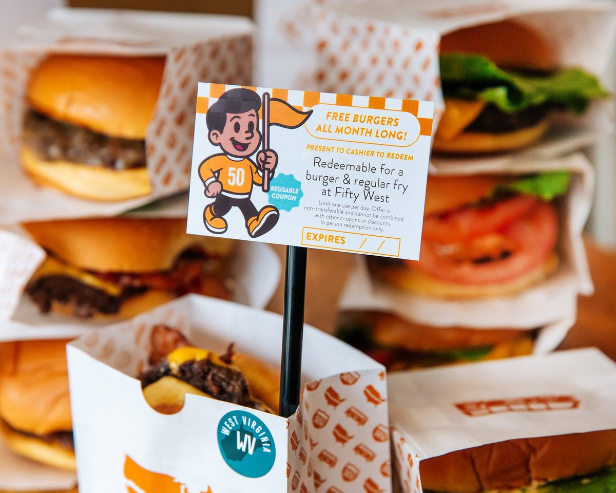 Fifty West reusable coupon for a free burger and regular fry
